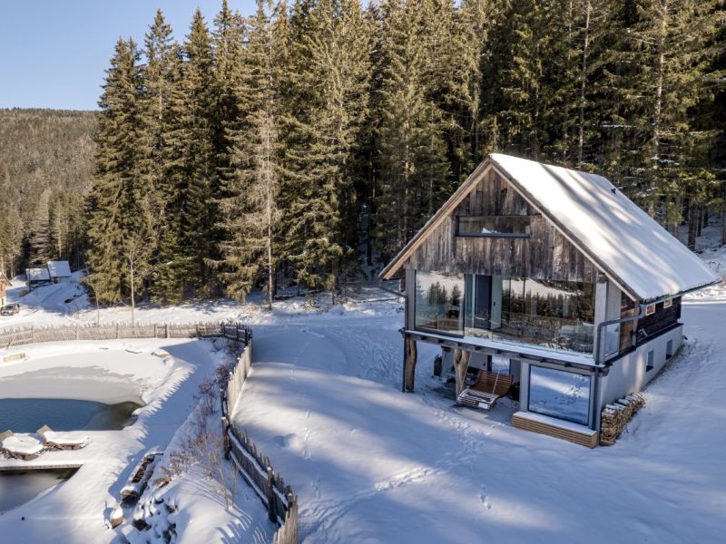 Winterlandschaft mit einer Berghütte und vielen Fenstern 